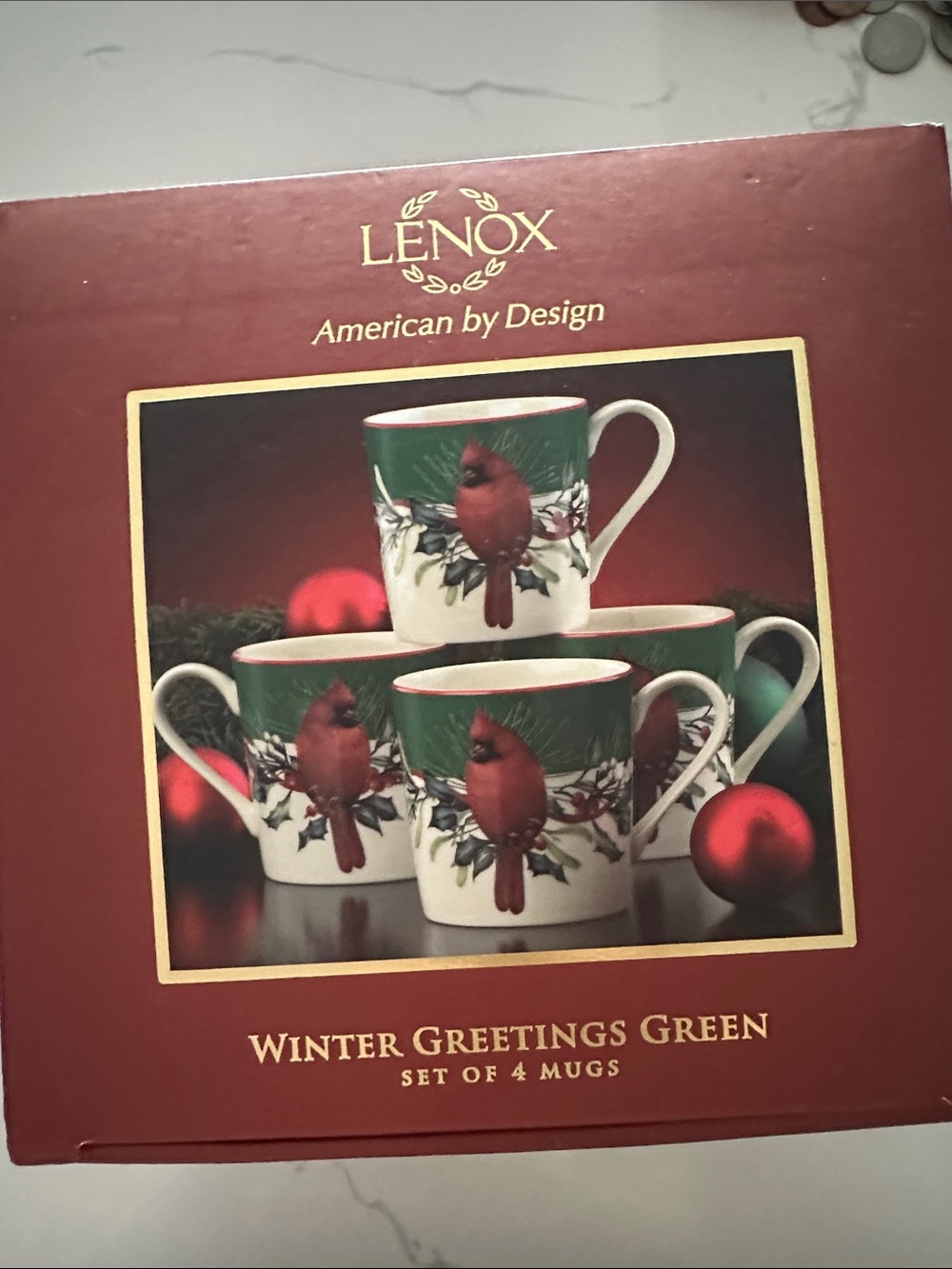 Lenox Green and Red Cardinal Holiday Mugs - Set of 4
